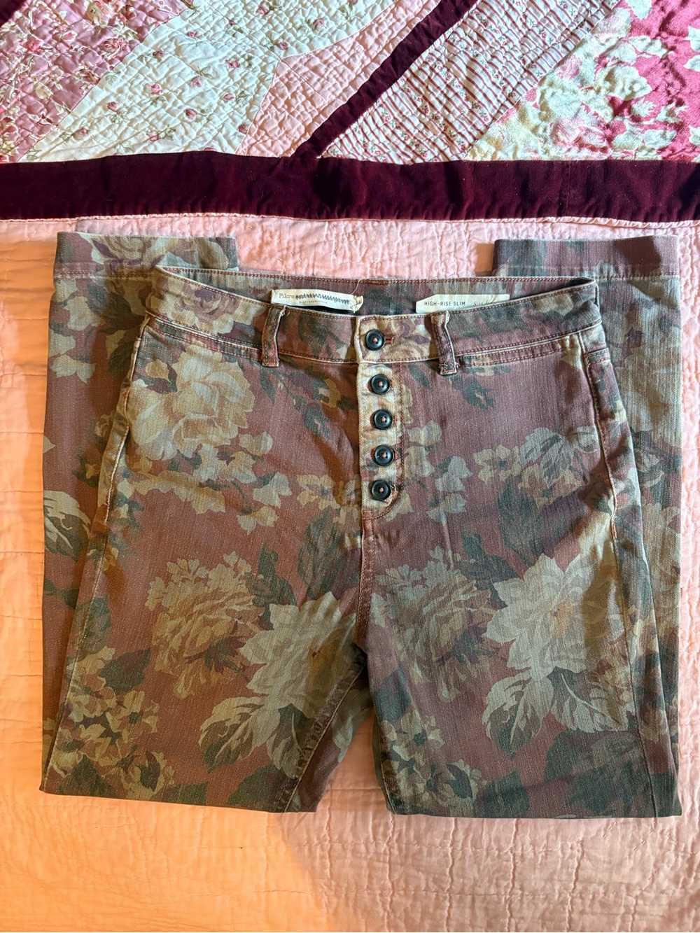 Floral Button-Fly High-Rise Jeans in Dusty Rose and Sage Pilcro size 28